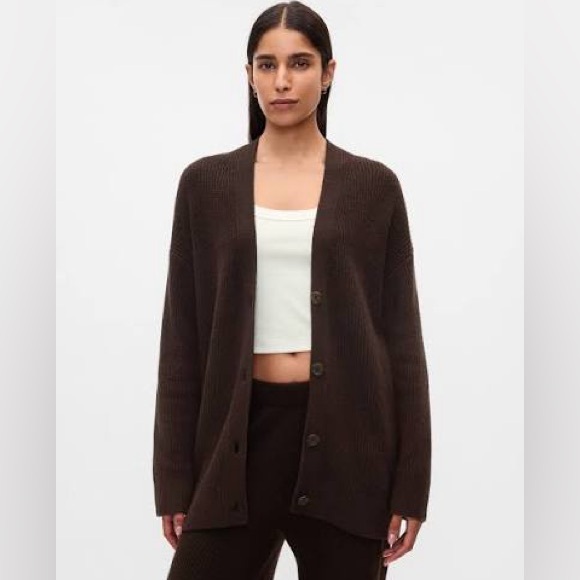 NWT CashSoft Shaker-Stitch Boyfriend Cardigan in Brown - Picture 3 of 6